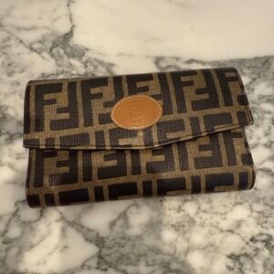 Vintage Fendi Zucca Monogram Wallet‎ Brown Black Leather Card Holder Bifold